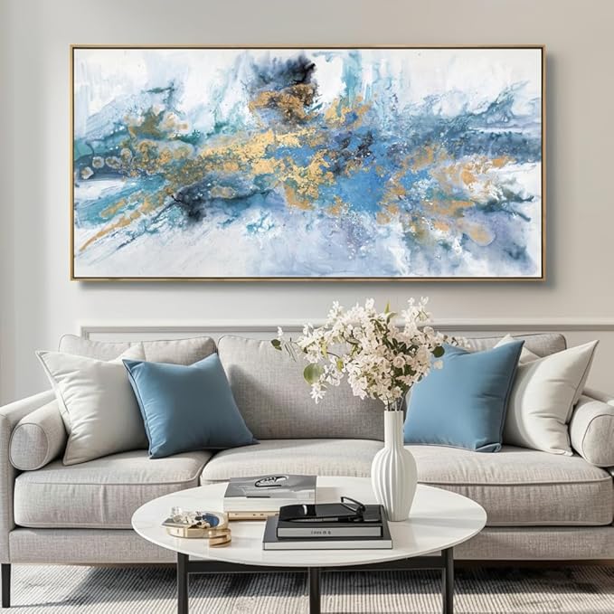Abstract Navy Blue Canvas Wall Art 40x20in - Framed Artwork for Living Room Bedroom - Modern Colorful Fantasy Painting Ready to Hang Home Decor