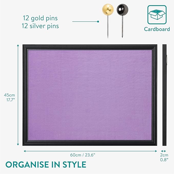 Navaris Framed Fabric Bulletin Board - 18 x 24 inches Plush Jewelry Organizer Pinboard for Wall - Memory Memo Pin Board - Purple with Black Frame
