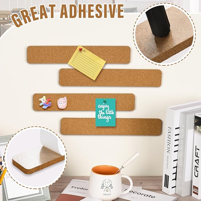 12 Pack Self Adhesive Cork Board Strips for Office, Home, Classroom with 100 Push Pins