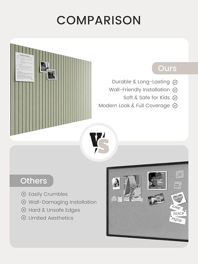 Bumusty Large Cork Board Alternative-48 x 36" Felt Bulletin Board Tiles, with 30 Pushpins, 70 Adhesive Tabs, 12-Pack Slat Wall Paneling, Cork Boards for Office Push Pin Board Felt Board-Sage
