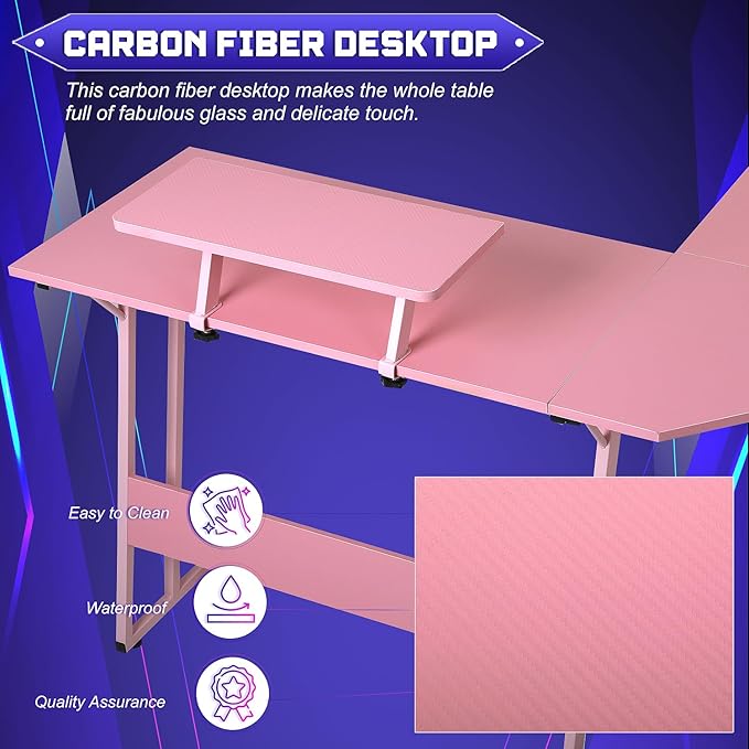 NChanmar L Shaped Gaming Desk with Monitor Riser Stand, Home Office Corner Desk for Studying, Working and Gaming, Large Desktop, Pink