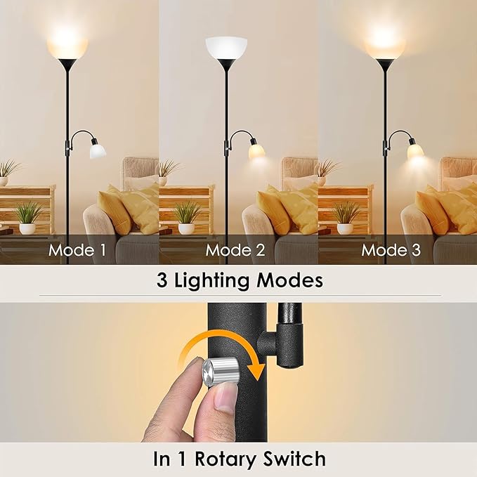 Floor Lamp, Torchiere Floor Lamps for Living Room, 71 Inch Tall Standing Lamp, Bedroom Lamps with Reading Light, Rotary Switch, 2 Plastic Lampshade, Torch Floor lamps for Bedroom (Black, No Bulb)