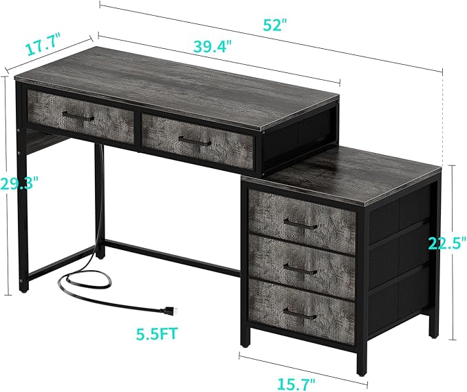 Unikito Computer Desk with 5 Drawers, Reversible Home Office Desk with Power Outlets, Sturdy Writing Desk with File Cabinet and Printer Stand, Vanity Desk with Storage for Small Space, Black Oak