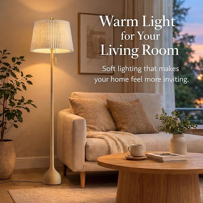 MOFFE 65" Mid Century Modern Vintage Real Wood Floor Lamp with 2 Shades for Two Looks, Sculptural Standing Lamp with Teardrop Base & Wooden Pull Chain for Living Room Bedroom Sofa Side (Bulb Included)