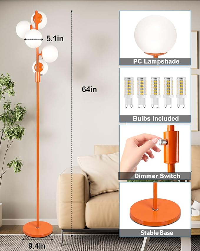 Lightdot 5-Globe Dimmable Globe Floor Lamp Orange Retro Standing Lamps with 5Pcs Bulbs Included Brightness Adjustable Mid Century Modern Floor Lamp for Living Room/Sofa Beside/Corner Decor