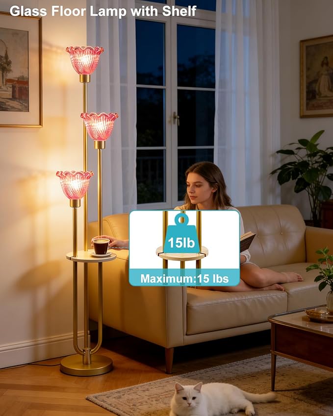 Lightdot Glass Floor Lamp for Living Room Dimmable Gold Floor Lamp with Rose Red Glass Shade & 3000K Bulbs Included 3-Lights Modern Tall Standing Lamp for Bedroom/Sofa Beside/Corner Decor