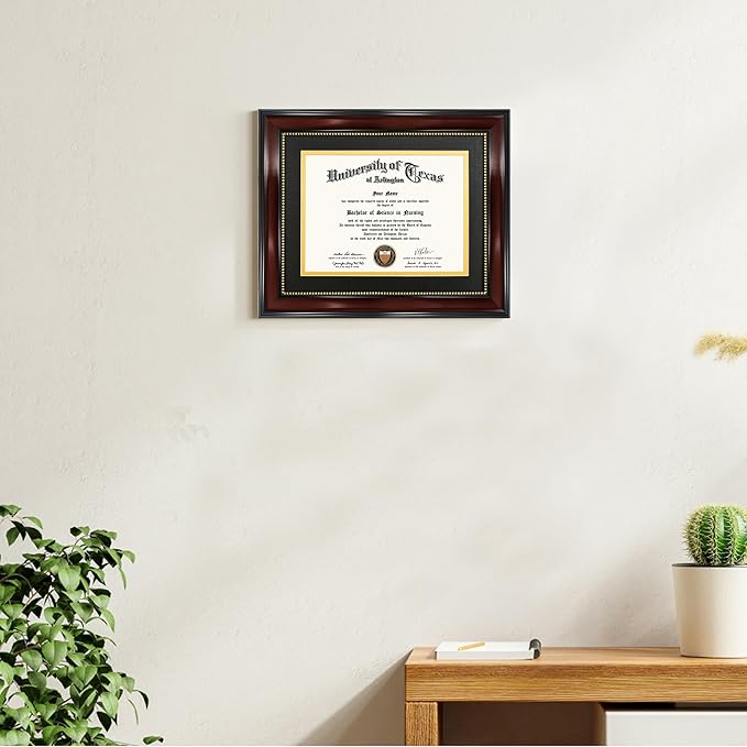 GraduationMall 6x8 Diploma Frame with Black over Gold Mat or Display 8x10 Document without Mat, Tempered Glass, Mahogany with Gold Beads