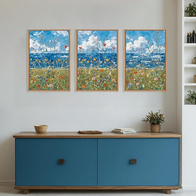 Large Blue Seaside Wildflower Framed Canvas Wall Art,Modern Nature Ocean Wall Decor,Rustic Sky Printing,White Cloud Landscape Artwork for Living Room,Bedroom,Dining Room-24"x36"x3