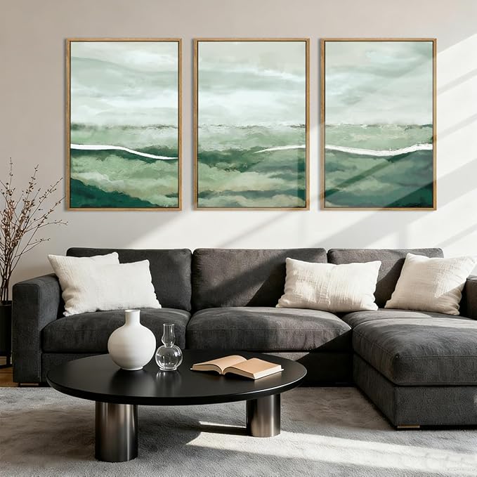 ANHUIB Green Wall Art 16x24 Inch Large Canvas Wall Art Abstract Watercolor Wall Decor Misty Landscape Art Prints Framed Neutral Paintings Set of 3 for Living Room Bedroom Ofice
