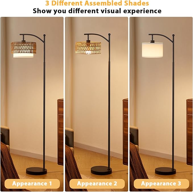Ambimall Arc Floor Lamp for Living Room with Remote, Boho Standing Lamp with Rattan & Linen Shades, Color Temperature & Dimmable Bulb, Farmhouse Tall lamp for Bedroom, Office(Black)