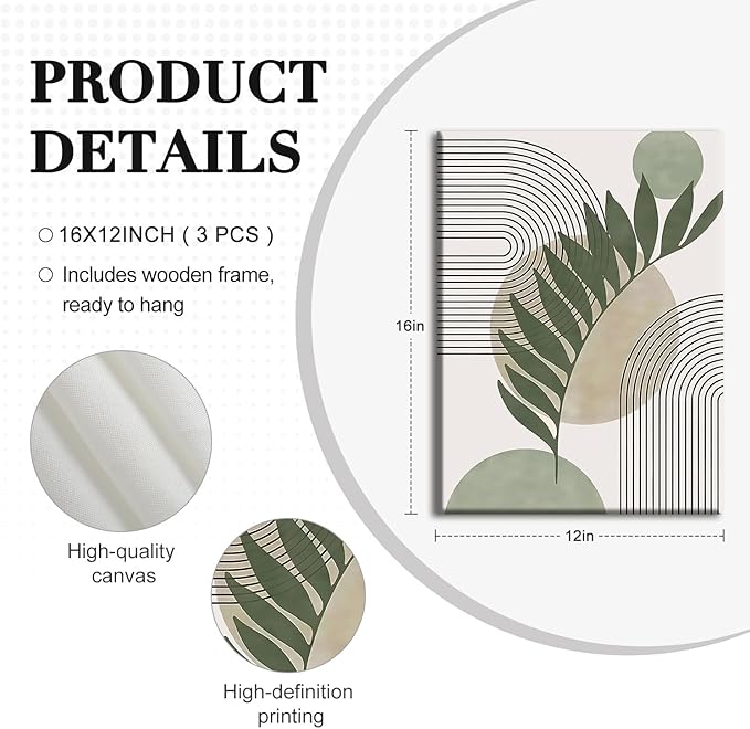 NCCXNCC 3Pcs Modern Geometric Canvas Wall Art Bohemian Style Green Abstract Wall Decor Art Minimalist Line Leaf Posters Print Suitable for Living Room Bedroom and Office Decoration 12x16 Inch Framed