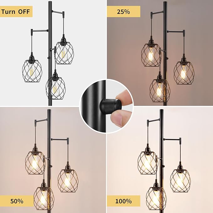 Sucolite 70" Dimmable Floor Lamp for Living Room, Industrial 3-Light Tree Floor Lamp Black with Cages, Farmhouse Rustic Tall Standing Lamp Floor Lighting for Bedroom Office, LED Edison Bulbs