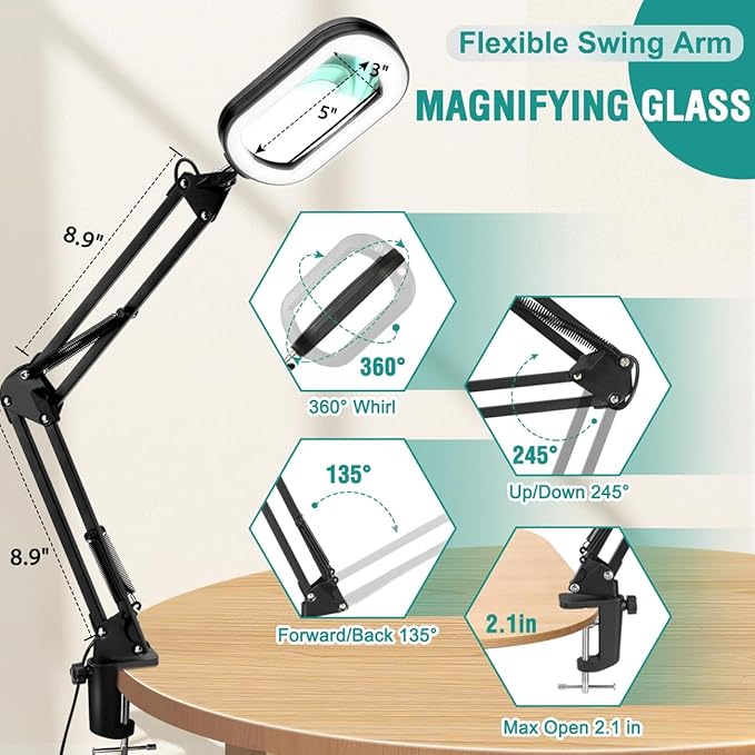 10X Magnifying Glass with Light, Rectangle Real Glass, 5 Color Modes Stepless Dimmable Magnifier with Stand, LED Lighted Clamp Desk Lamp with Swing Arm, Hands Free for Reading Crafts Close Work