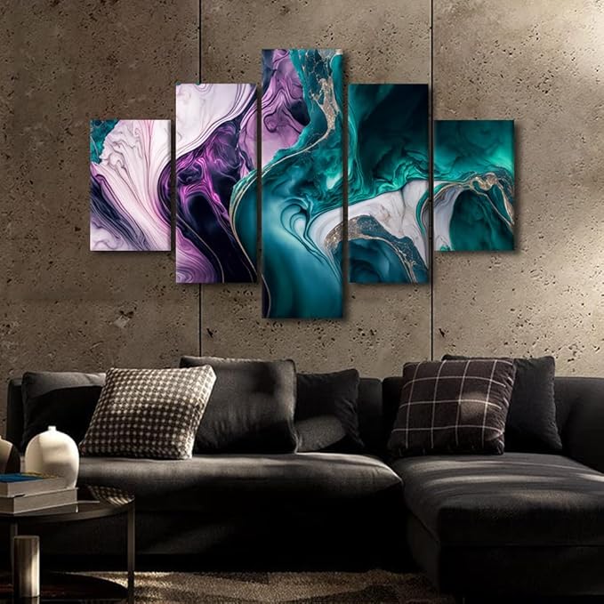 Abstract Marble Canvas Wall Art Decor 5 Panel Living Room Canvas Art Modern Abstract Waves Canvas Poster Artwork Prints for Men Lady Home Wall Decor Stretched and Framed Ready to Hang 60x40 in