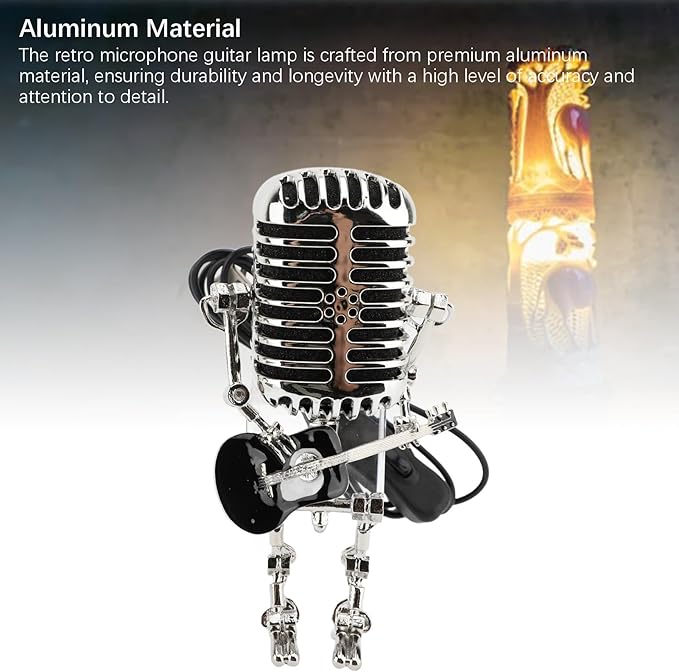 ZJchao Vintage Microphone Guitar Robot Table Lamp Aluminum Retro Metal Robot Night Light for Bedroom Desk Home Decor (Black)