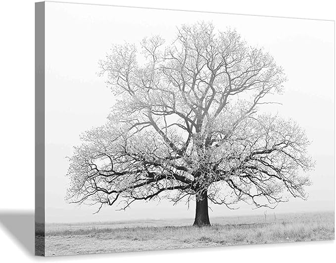 Winter Tree Canvas Wall Art: Black and White Landscape Painting Print Artwork for Living Rooms