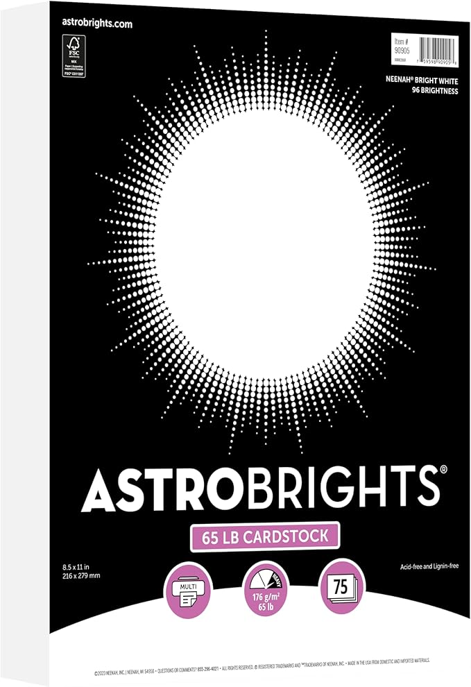 Astrobrights Cardstock White, 8.5 x 11 | 65 lb/176 gsm | 75 Sheets, Pack of 5
