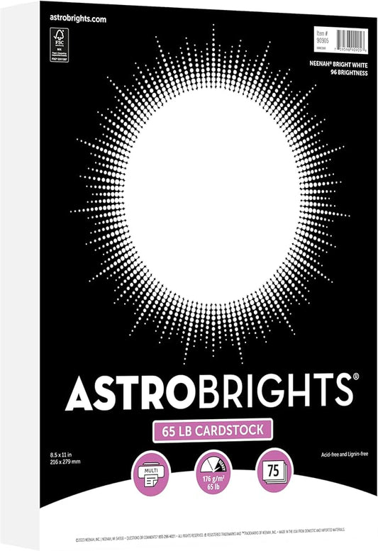 Astrobrights Cardstock White, 8.5 x 11 | 65 lb/176 gsm | 75 Sheets, Pack of 5