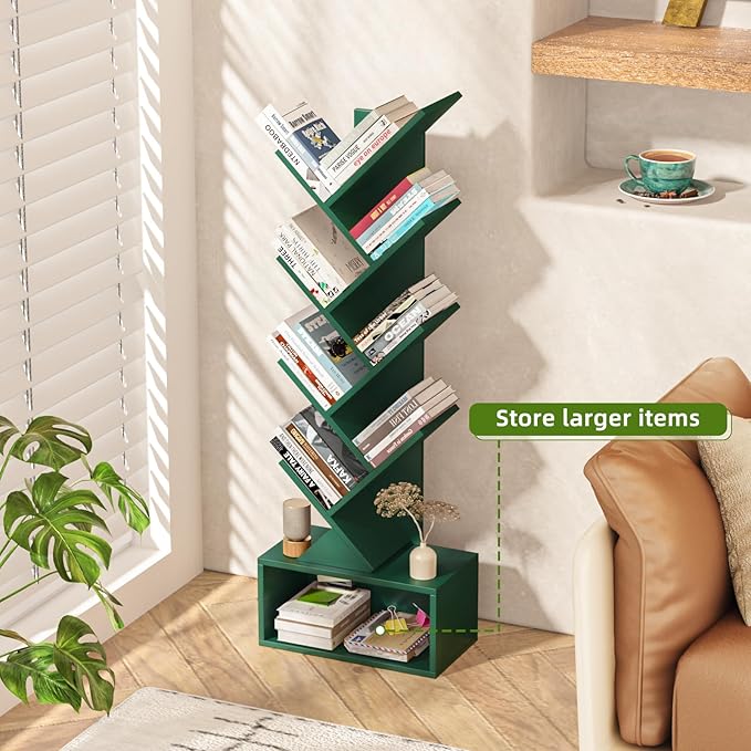 9 Tier Tree Bookshelf,Christmas Green Bookcase for Narrow Space, Storage Organizer Floor Standing Bookshelves for Books, Tall Book Case for Home Office, Living Room, Bedroom
