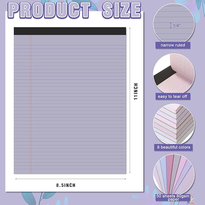 Fuutreo 8 Pcs 8.5'' x 11'' Colored Legal Pad 50 Sheets Per Writing Pads Narrow Ruled Notepad Perforated Writing Notepad Office Supplies for College Office Business (Taro Color)