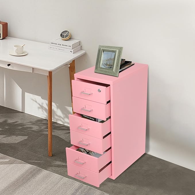 6-Drawer Metal File Cabinet, Metal Filing Storage Vertical Cabinets with Lock Home Office Filing Cabinets for Organization Hanging Letter/Legal/F4/A4 (Pink)