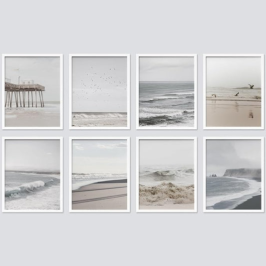 SIGNWIN Framed Poster Wall Art Set of Minimal Ocean Beach Seashore Coastals, White Minimalist California Ocean Beach Seashore Pier Nature Wilderness for Living Room, Bedroom, Office - 8"x10"x 8 White