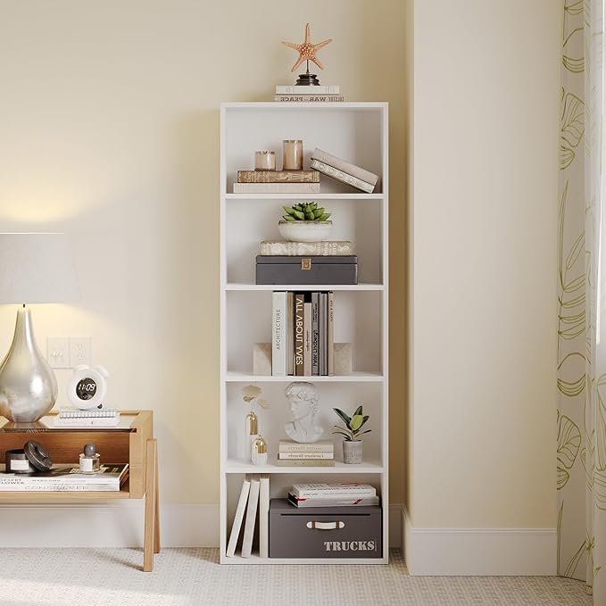 5-Tier Bookshelf & Bookcase Set of 2, Floor Standing Open Book Shelf, Wooden Display Storage Shelves with Anti-Tipping Device, 60" Tall Bookshelves for Bedroom, Living Room and Office, White
