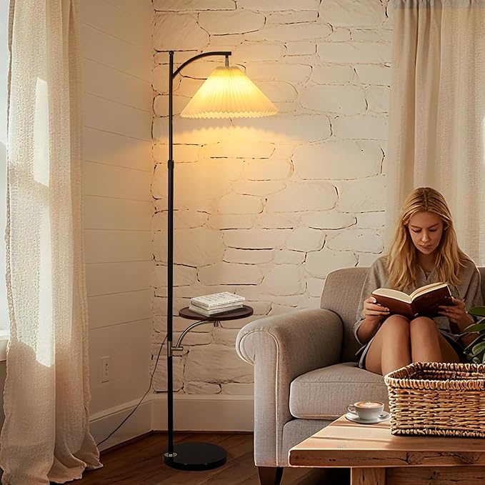 Floor Lamp with Table for Living Room, Tall Standing Lamps with Shelves, Height Adjustable Lamp Table Combo, Dimmable Corner Rustic Lamps with Tray for Bedroom Office, Bulb Included (Pleated Linen)