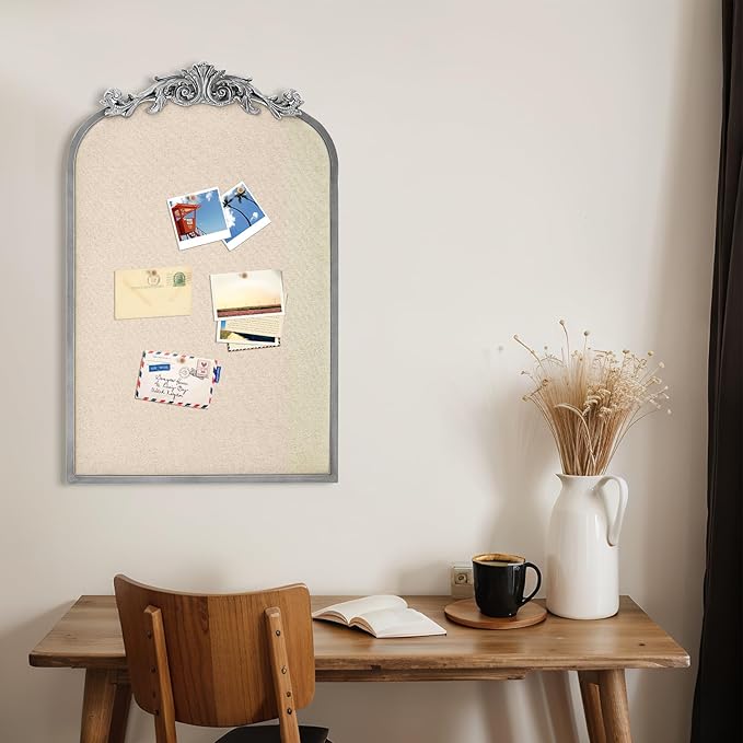 Vintage Framed Pin Board Linen Display Bulletin Board Large Cork Fabric Picture Photo Pinboard Memo Ornate Decorative Pinboard Ornate for Wall Gift(Arch,19" X 31",Silver)
