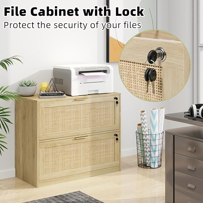 HOPUBUY 2 Drawer File Cabinet with Lock, Printer Stand Lateral Filing Cabinets for Home Office and School, Wood Rattan File Cabinet for Hanging Files/Letter/Legal/A4/F4 Size, Natural Wood
