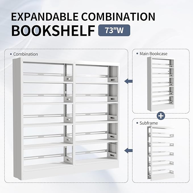 70.9" H Metal Bookshelf, Adjustable Bookcase, 5-Tier Heavy Duty Bookshelf with Bookend, Tall Bookshelves, Bookcase Shelf for Living Room, Office, Library,Classroom (White-72.8W)
