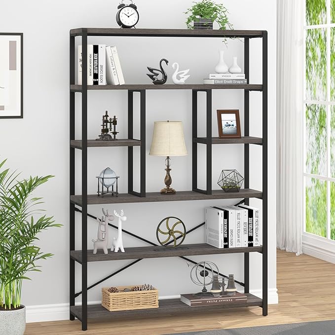 LVB Industrial Tall Bookshelf, Modern Wood Metal 6 Tier Book Shelf, Farmhouse Large 6 Shelf Etagere Bookcase, Open Wide Storage Bookshelves and Bookcases for Bedroom Living Room Office, Dark Gray Oak