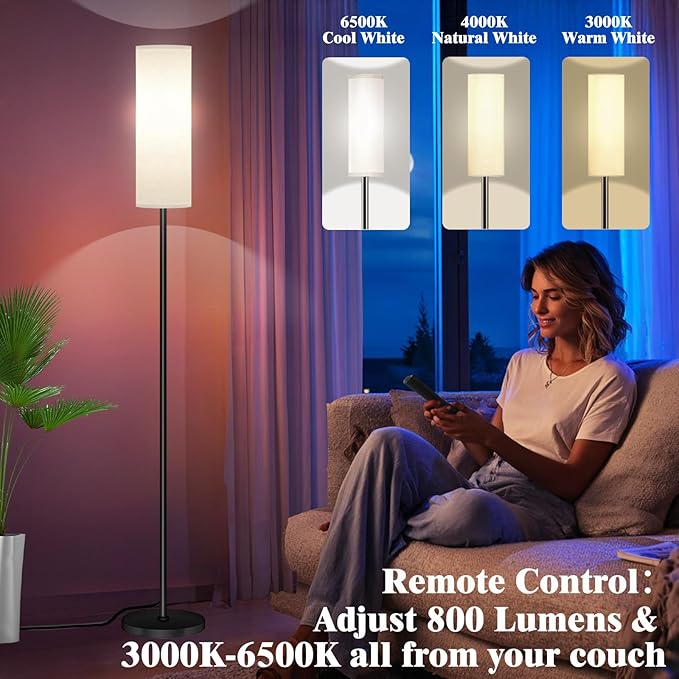 Smart LED Floor Lamp with APP Control & RGB Colors - Dimmable Standing Lamp for Living Room, Bedroom, Gaming - Remote, Timer, 9W Bulb Included, 67" Modern Tall Lamp (black pole + white shade)