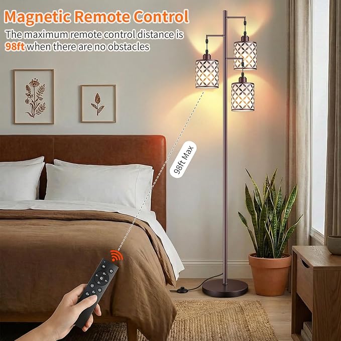 New Upgraded 72" Tall Dimmable Floor Lamp with 3 x 1100LM 12W Bright LED Bulbs, Farmhouse Standing Lamp with Remote Control, Industrial Tree Pole Floor Lamps for Living Room, Bedroom, Office - Brown