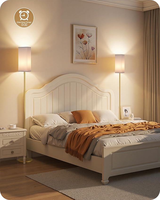 64.2” Dimmable Floor Lamp for Living Room with Remote and Foot Switch, Corner Floor Lamp for Bedroom, Includes 10W A19 Bulb, Modern Standing Tall Lamp, ETL Listed, White and Gold DCW17LD05