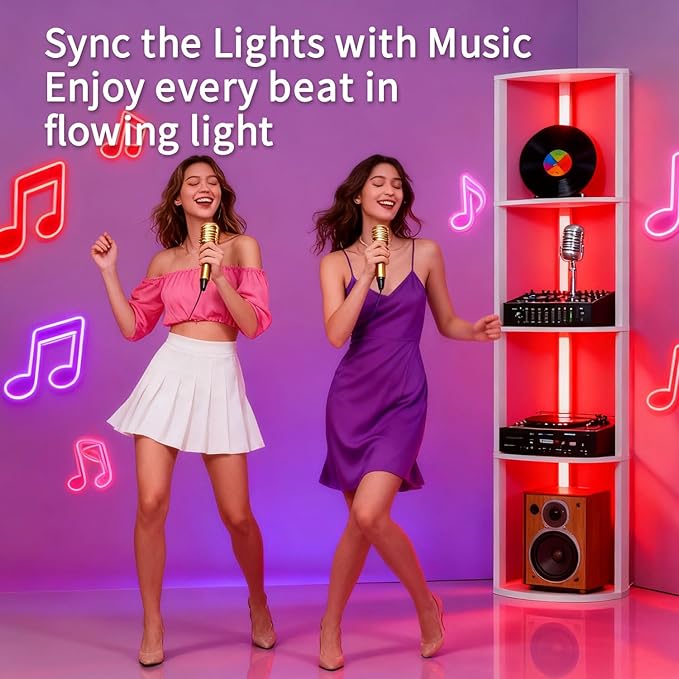 RGBCW Floor Lamp with Shelves, Smart Modern Floor Lamp with Music Sync, Color Changing Corner Display Shelf Lamp, Dimmable Standing Lamp for Living Room and Bedroom, Office, White