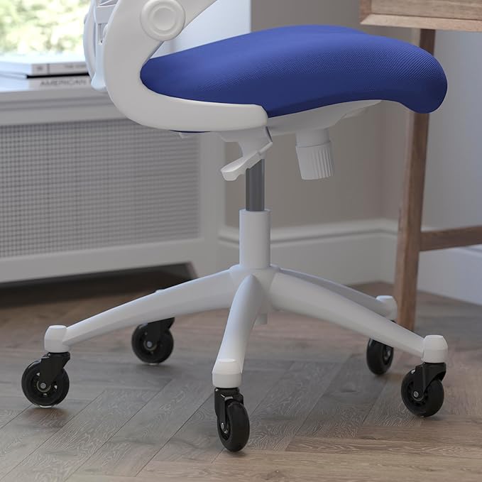 Flash Furniture Kelista Mid-Back Blue Mesh Swivel Ergonomic Task Office Chair with White Frame, Flip-Up Arms, and Transparent Roller Wheels