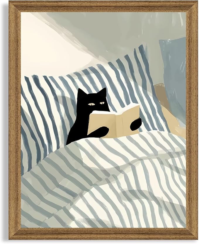 Fantasy Artists Black Cat Reading in Bed Wall Art, Quiet Character Illustration with Soft Neutral Tones, Calm Lifestyle Canvas Print for Bedroom, Reading Nook or Home Office, 8W x 10H
