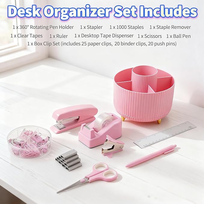 10pcs Office Clerks Staff Desk Accessories, Pink Office Supplies Set for Women, Desk Organizer with Stapler, Staple Remover, Tape Dispenser, Tape, 360° Pen Holder, Scissor, Ruler, Ballpoint Pen, Clips