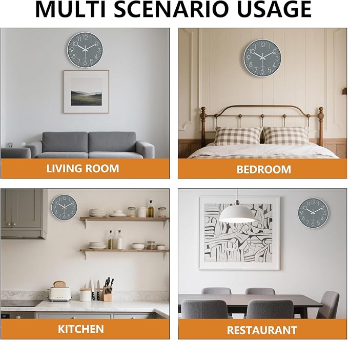 Silent Wall Clocks Battery Operated 8 Inch, Analog Wall Clock with Oversized Number Tempered Glass Clock Face, Quartz Non Ticking Wall Clocks for Living Room Bedroom Kitchen Office, Grey