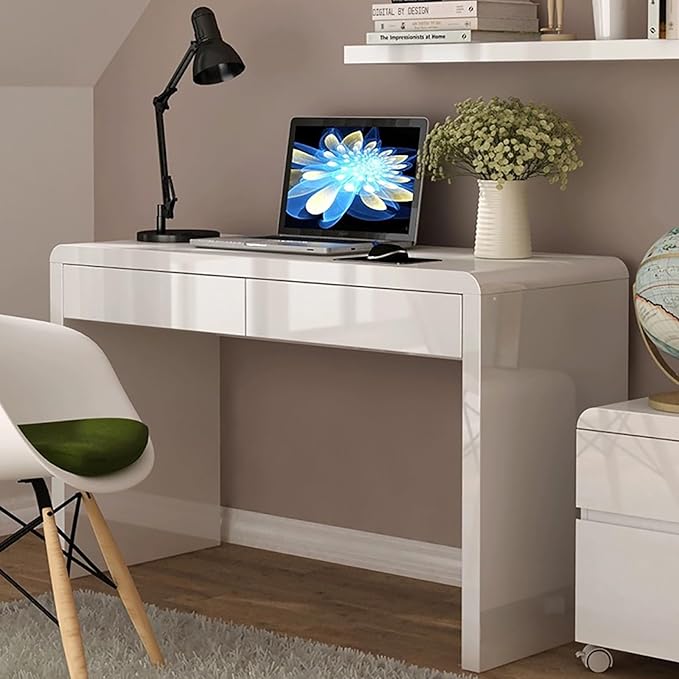 Modern Office Desk with Storage Drawers,Wood Computer Desk,White Desk Spacious Desktop,Compact Writing Study Desk,Multipurpose Workstation for bedroom home office(110x50x75cm(43x20x30inch), White)