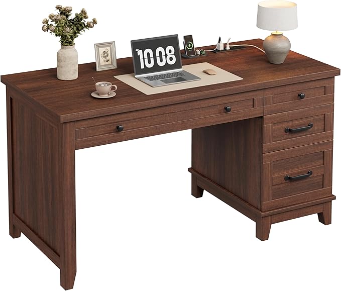 GarveeHome Executive Desk with Drawers, Farmhouse Home Office Desk with Charging Station, 53.54 in Wooden Computer Desk with File Cabinet Storage for Work Study Writing,Walunt Brown