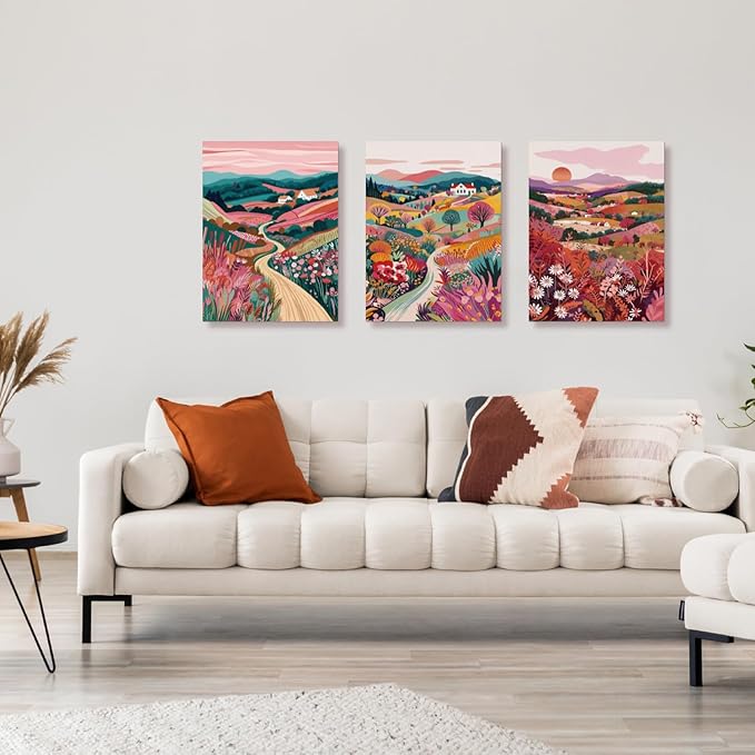 Hianan Framed Colorful Boho Landscape Wall Art, Nature Watercolor Floral Wall Decor, Bright Mountain Water Canvas Painting, Modern Sunsets Landscape Poster Prints For Living Room Bedroom 12"x16"x3