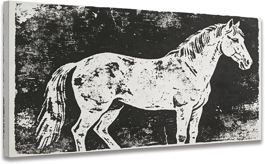 Vintage Horse Framed Canvas Wall Art for Office, Black White Rustic Wall Decor 48" L x 24" W