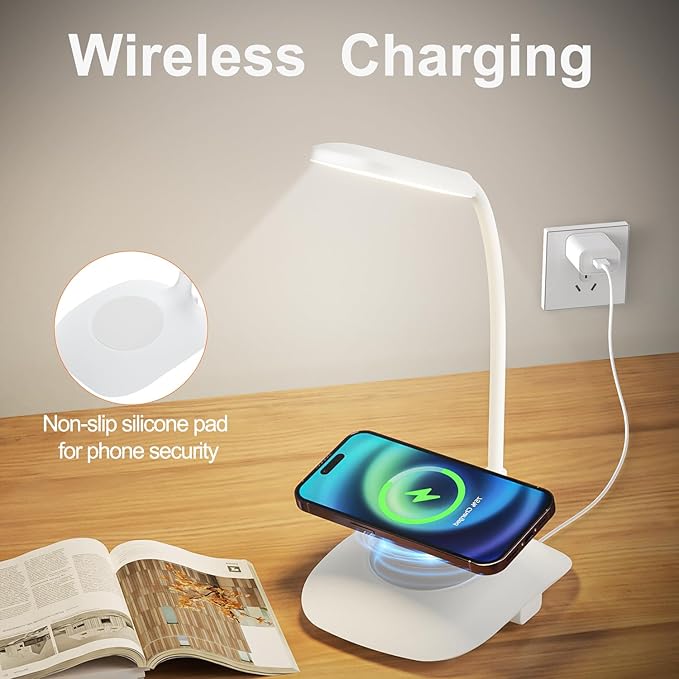 LED Desk Lamp Wireless Charging Desk Lamp with Touch Control Dimmable Office Desk Light Eye-Caring Office Lamp with Adjustable Gooseneck Table Lamp, Reading Lamp Table Lamp for Bedroom Bedside Study