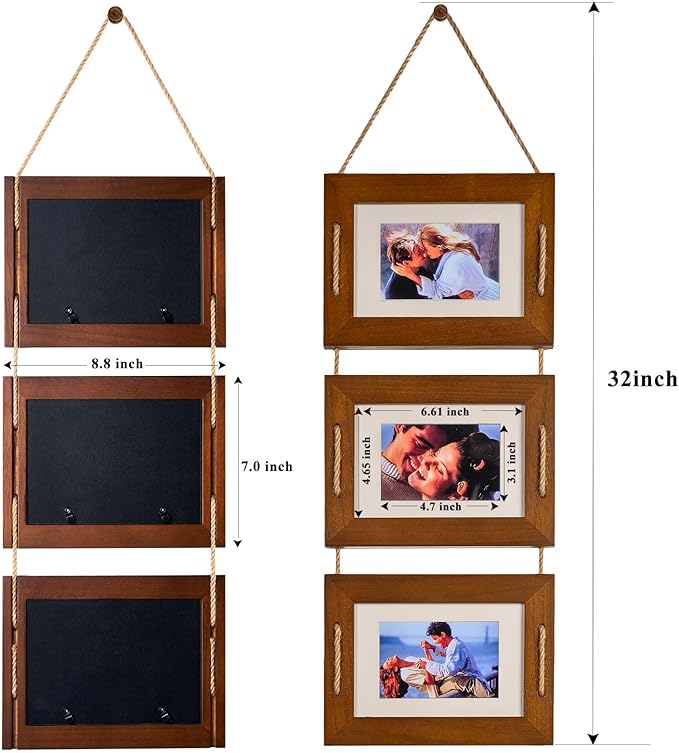 DLQuarts 5x7 Hanging Picture Frames Collage Wall Decor, 3 Opening 5x7 Matted to 3.5x5 Photo Rustic Wood Frame, Dark Walnut