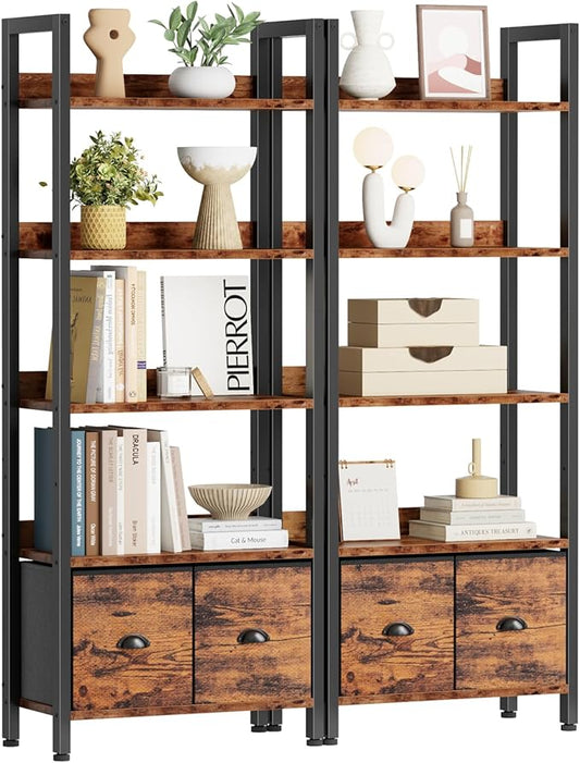 Furologee 5-Tier Bookshelf Set of 2,Tall Bookcase with 2 Drawers and Shelves, Industrial Display Free Standing Shelf Units, Storage Rack Organizer for Bedroom, Living Room, Home Office, Rustic Brown