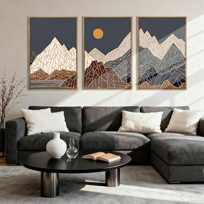 ANHUIB Farmhouse Mountain Wall Art Geometric Mountain Range Wood Wall Decor for Living Room Bedroom Office 16x24 Inch Set of 3