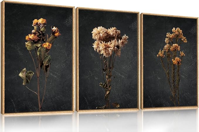 HOURIA Moody Boho Floral Framed Canvas Wall Art Set,Vintage Black Flower Wall Decor,Mid Century Minimalist Wildflower Artwork,Nature Retro Botanical Art Print for Living Room,Bedroom,Office- 24"x36"x3