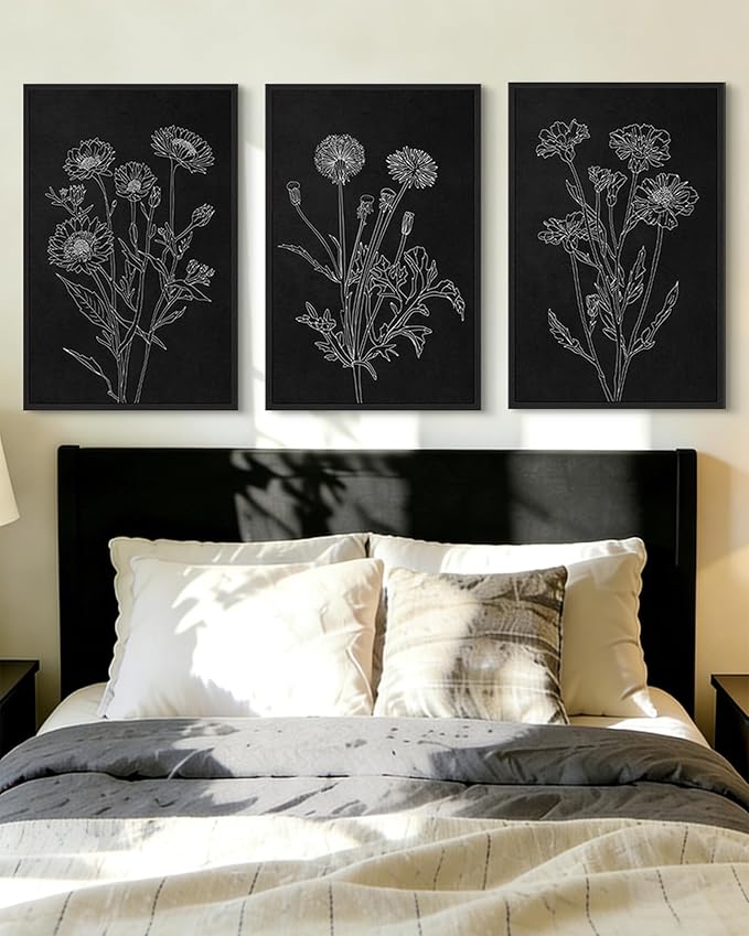 Drsoum Black White Flower Wall Art Vintage Minimalist Floral Wall Hanging Decor Bohemain Botanical Prints Artwork for Bedroom Living Room Hallway 24x36in Black Framed